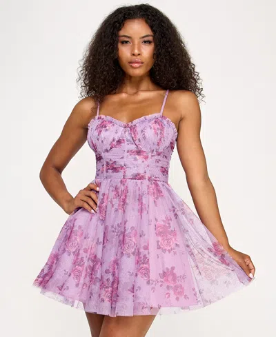 City Studios Juniors' Printed Glitter Tulle Fit & Flare Dress In Purple