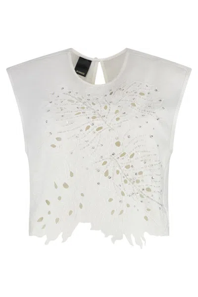 Pinko Crop Top With Openwork Embroidery And Crystals In White