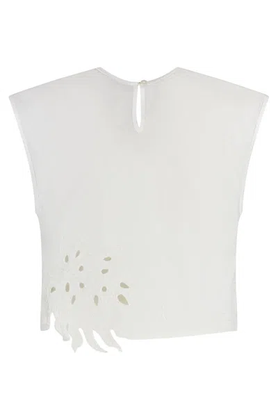 Pinko Crop Top With Openwork Embroidery And Crystals In White