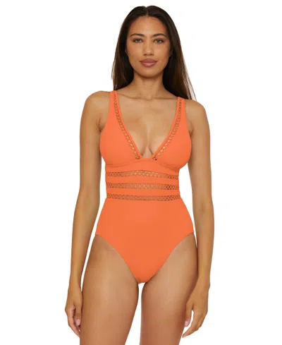 Becca Open Knit Inset One-piece Swimsuit In Orange