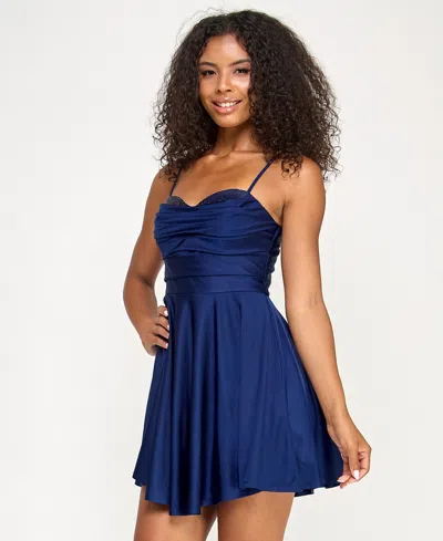 City Studios Juniors' Satin Sweetheart Fit & Flare Dress In Blue