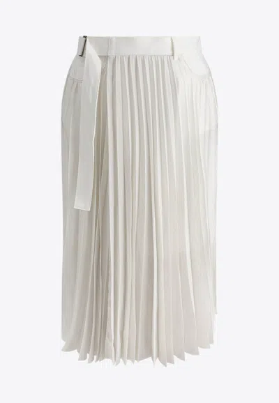 Sacai Belted Denim-trimmed Pleated Satin Midi Wrap Skirt