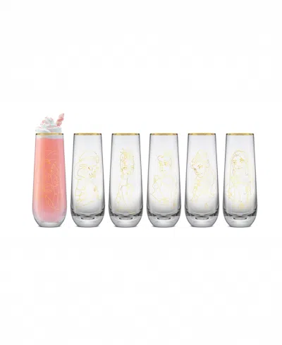 Joyjolt Princess Sketch Art Stemless Flute Glasses, Set Of 6