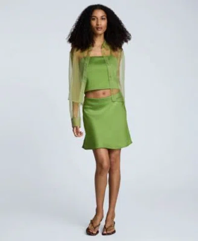 Kenneth Cole Womens Button Front Cropped Organza Shirt Cropped Satin Bustier Top Pull On Bias Cut Mini Skirt In Green
