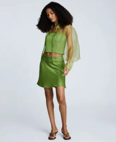 Kenneth Cole Womens Button Front Cropped Organza Shirt Cropped Satin Bustier Top Pull On Bias Cut Mini Skirt In Green
