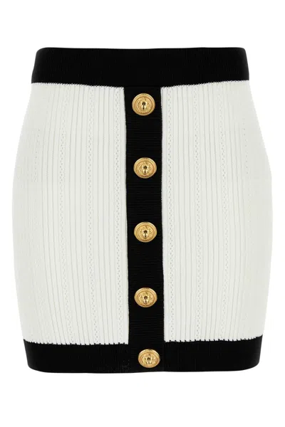 Balmain Button-embellished Two-tone Ribbed-knit Mini Skirt