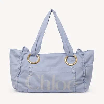 Chloé Large  Plage Tote Bag In Cotton Blue Size Onesize 100% Cotton, Calf-skin Leather