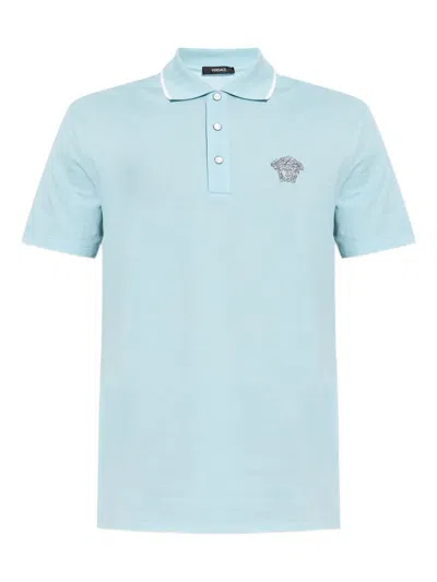 Versace Medusa Embroidered Polo T-shirt In Blue