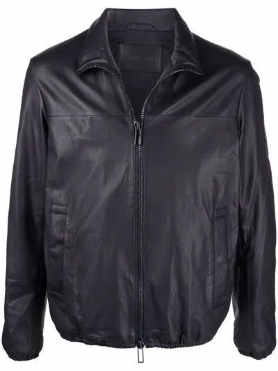 Emporio Armani Leather Jacket With Stand-up Collar In Black