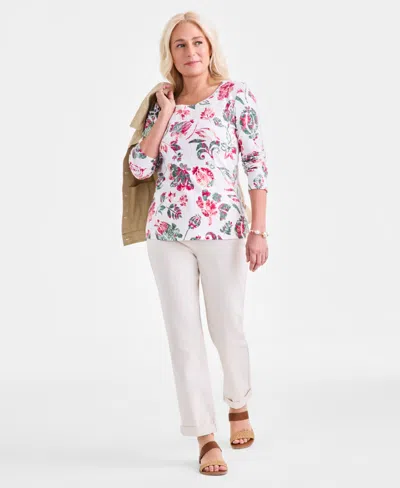 Style & Co Petite Floral-print 3/4-sleeve Top, Exclusively At Macy's In White