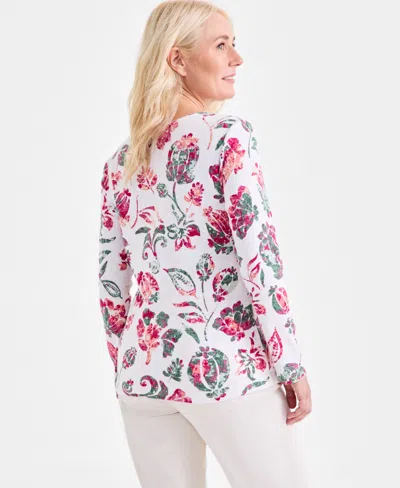 Style & Co Petite Floral-print 3/4-sleeve Top, Exclusively At Macy's In White