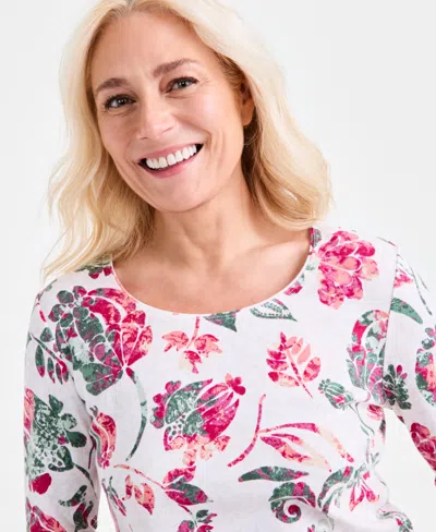 Style & Co Petite Floral-print 3/4-sleeve Top, Exclusively At Macy's In White