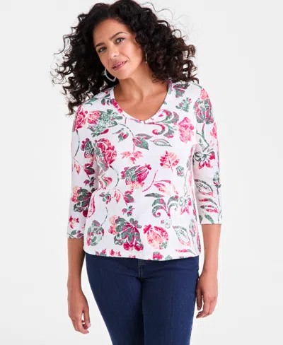 Style & Co Petite Floral-print 3/4-sleeve Top, Exclusively At Macy's In Multi