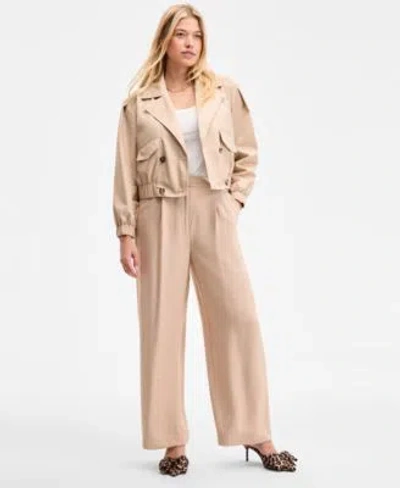 On 34th Womens Solid Cropped Trench Jacket Ribbed Scoop Neck Tee High Rise Pleated Straight Leg Pants Exclus In Brown