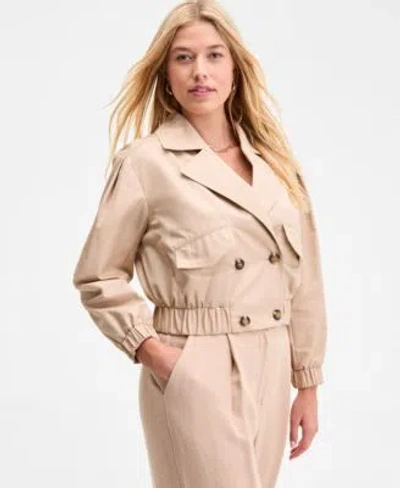 On 34th Womens Solid Cropped Trench Jacket Ribbed Scoop Neck Tee High Rise Pleated Straight Leg Pants Exclus In Brown
