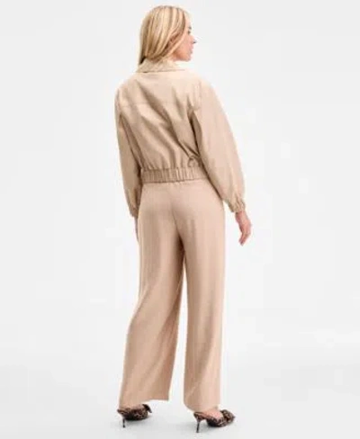 On 34th Womens Solid Cropped Trench Jacket Ribbed Scoop Neck Tee High Rise Pleated Straight Leg Pants Exclus In Brown