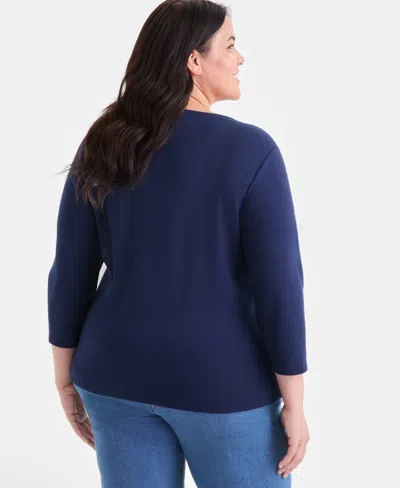 Style & Co Plus Size 3/4-sleeve Cotton Henley Top, Exclusively At Macy's In Blue
