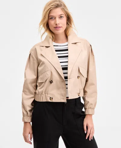 On 34th Womens Solid Cropped Trench Jacket Ribbed Scoop Neck Tee High Rise Pleated Straight Leg Pants Exclus In Brown