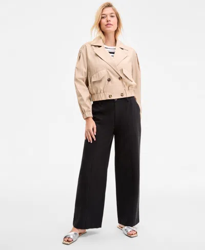 On 34th Womens Solid Cropped Trench Jacket Ribbed Scoop Neck Tee High Rise Pleated Straight Leg Pants Exclus In Brown