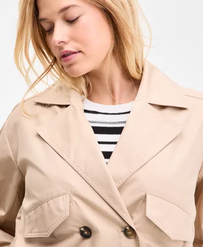 On 34th Womens Solid Cropped Trench Jacket Ribbed Scoop Neck Tee High Rise Pleated Straight Leg Pants Exclus In Brown