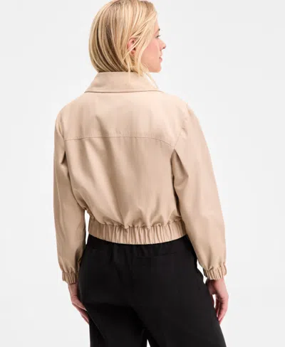 On 34th Womens Solid Cropped Trench Jacket Ribbed Scoop Neck Tee High Rise Pleated Straight Leg Pants Exclus In Brown