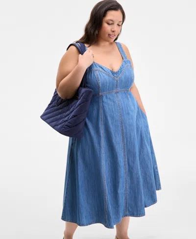 On 34th Trendy Plus Size Denim Sweetheart-neck Midi Dress, Exclusively At Macy's In Blue