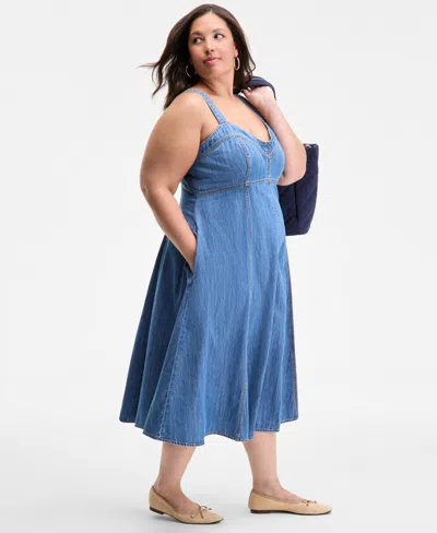 On 34th Trendy Plus Size Denim Sweetheart-neck Midi Dress, Exclusively At Macy's In Blue