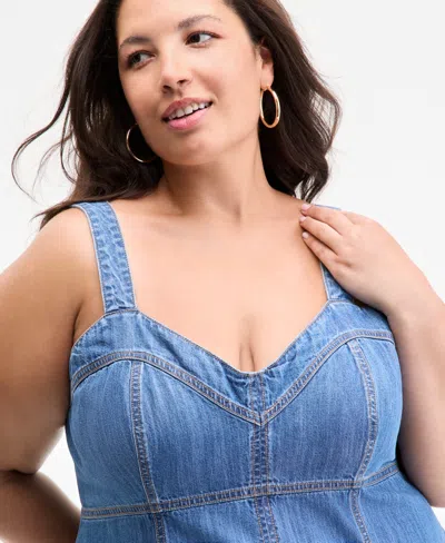 On 34th Trendy Plus Size Denim Sweetheart-neck Midi Dress, Exclusively At Macy's In Blue