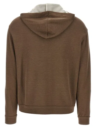 Brunello Cucinelli Brown Sweatshirt With Fixed Hood And Monil Detail On The Sleeve In Brown