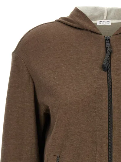 Brunello Cucinelli Brown Sweatshirt With Fixed Hood And Monil Detail On The Sleeve In Brown