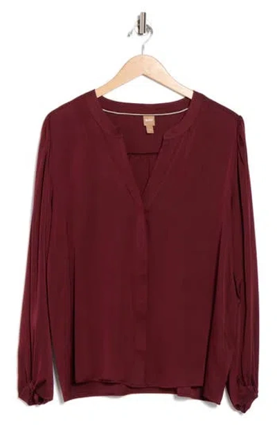 Hugo Boss Boss Biralana Stretch Silk Split Neck Long Sleeve Top In Red
