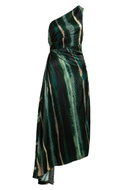 Socialite Print Asymmetric Hem Pleated Maxi Dress In Green