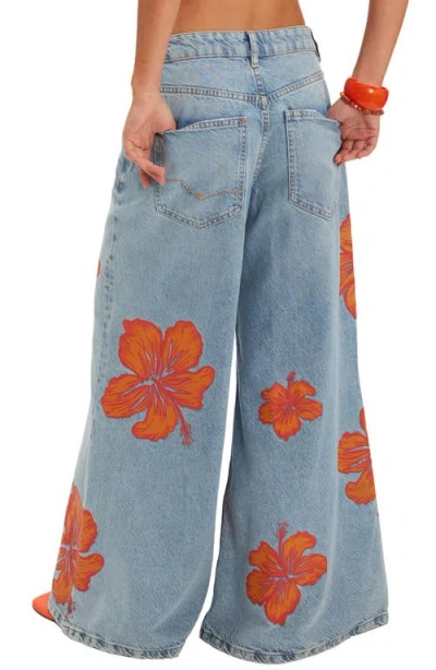 Free People Palisades Wide Leg Jean In Flower Power In Blue