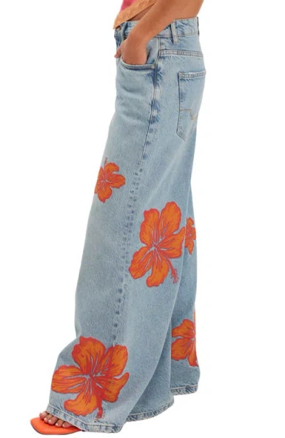 Free People Palisades Wide Leg Jean In Flower Power In Blue