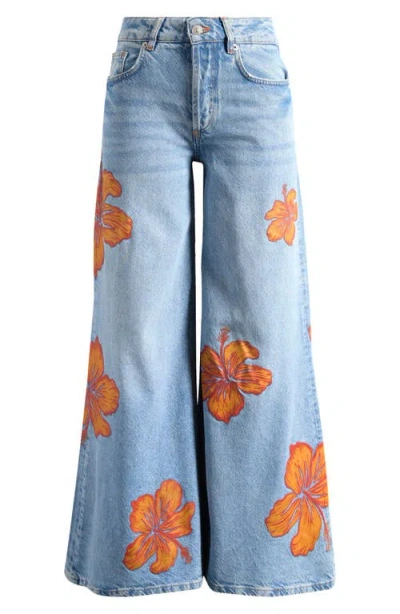 Free People Palisades Wide Leg Jean In Flower Power In Blue