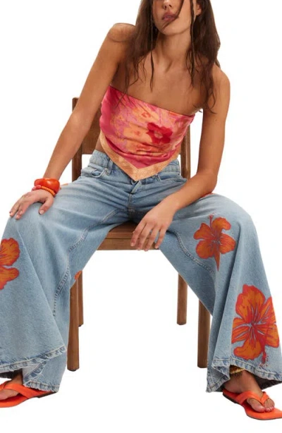 Free People Palisades Wide Leg Jean In Flower Power In Blue