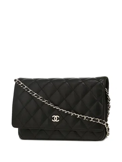 Pre-owned Chanel Wallet On Chain Leather Shoulder Bag In Black