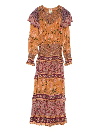 Farm Rio Colorful Birds Camel Smocking Long Sleeve Maxi Dress