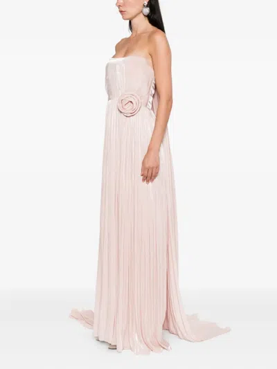 Nissa Pleated Floral-embellished Dress In Pink