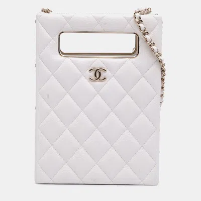 Pre-owned Chanel White Mini Quilted Caviar Cut Out Evening Tote