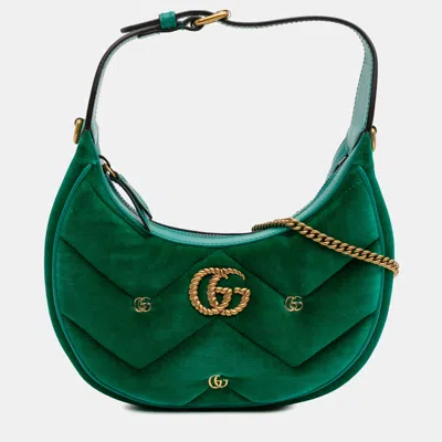 Pre-owned Gucci Green Mini Gg Marmont Matelasse Velvet Torchon Half Moon Bag