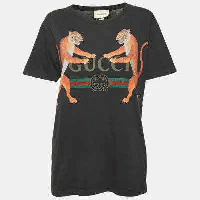 Pre-owned Gucci Black Tiger Vintage Logo Print Jersey Distressed T-shirt Xs