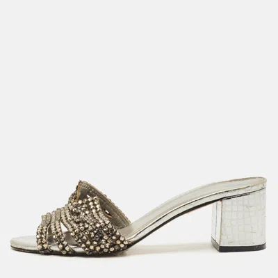 Pre-owned Gina Silver Croc Embossed Leather Crystal Embellished Slide Sandals Size 38.5