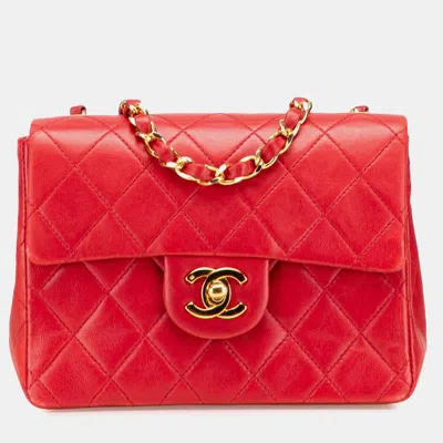 Pre-owned Chanel Red Mini Square Classic Lambskin Single Flap