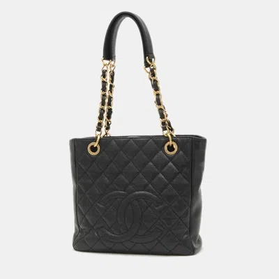 Pre-owned Chanel Pst Tote Bag Caviar Skin Black Gold Hardware