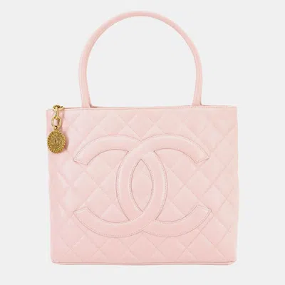 Pre-owned Chanel Reissue Caviar Skin Tote Bag Light Pink Gold Metal Medallion