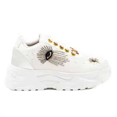 Rettrose Women's Cielo Luxury White Satin Handmade Embellished Trainers