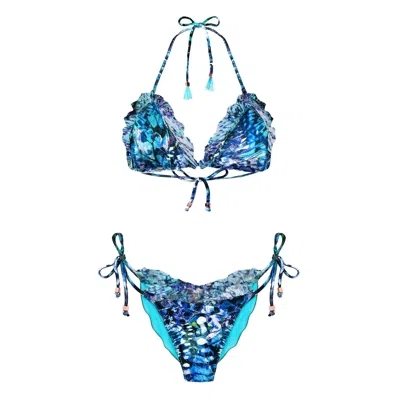 Deessa Ibiza Women's Boho Style Ruffle Bikini Blue Butterfly Carmen Lucia
