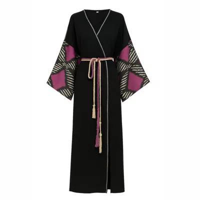 Ikatique Women's Black / Purple Handcrafted Silk-cotton Black Ikat Kimono With Magenta Star Sleeves