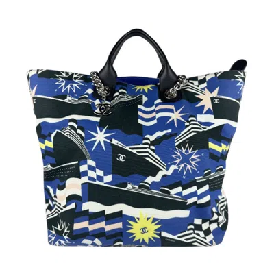 Pre-owned Chanel Black Blue White Canvas Leather Handbag Shoulder Bag ()